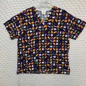 Peaches Scrub Top Women Sz M Multicolor Halloween Ghost Pumpkin V Neck‎ Medical